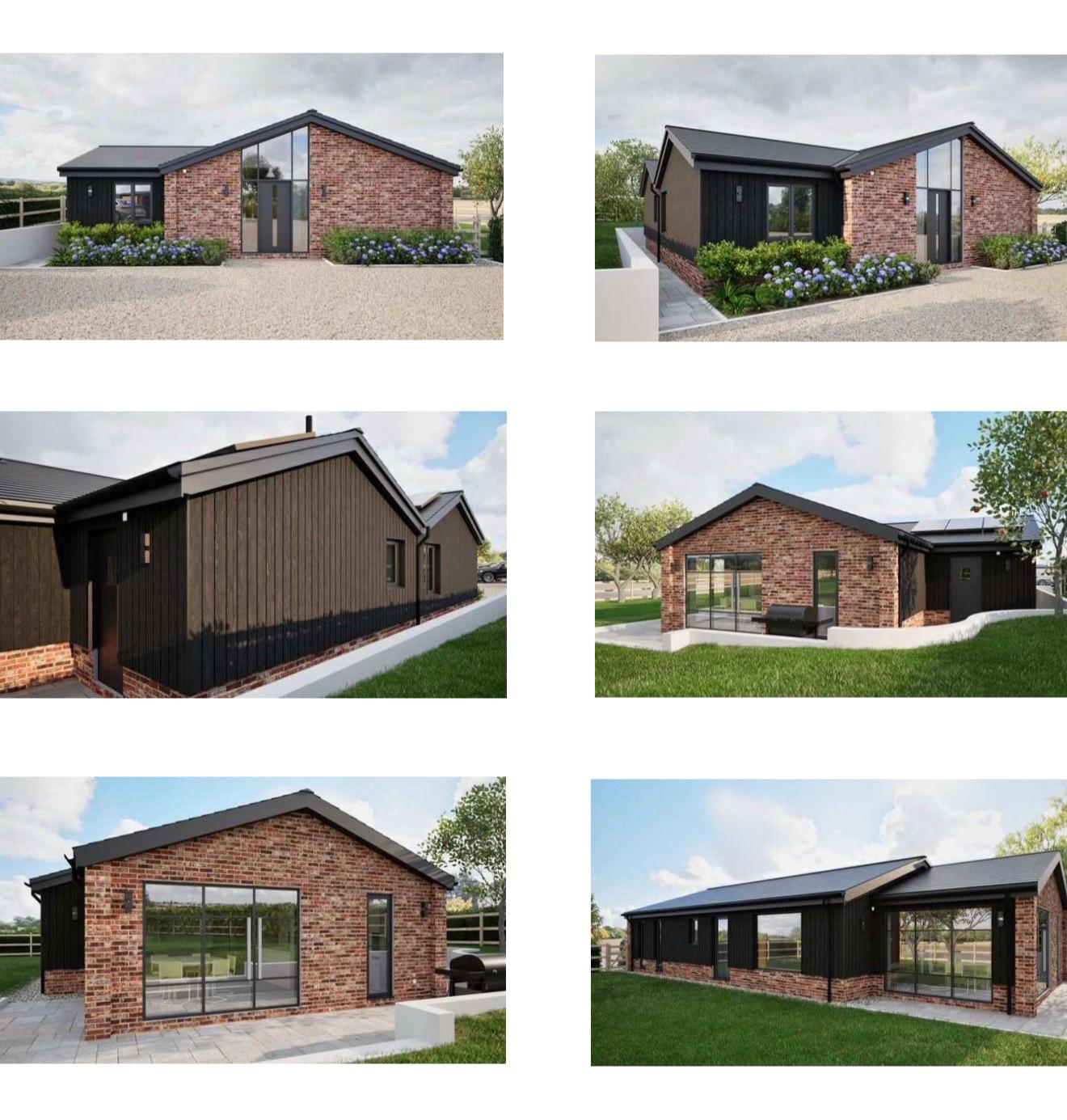 Six architectural visualisations of the proposed brick and timber home